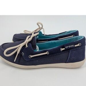 Crocs Beach Line Boat Shoes Womens 7 Navy Blue Canvas Suede Loafers 200482